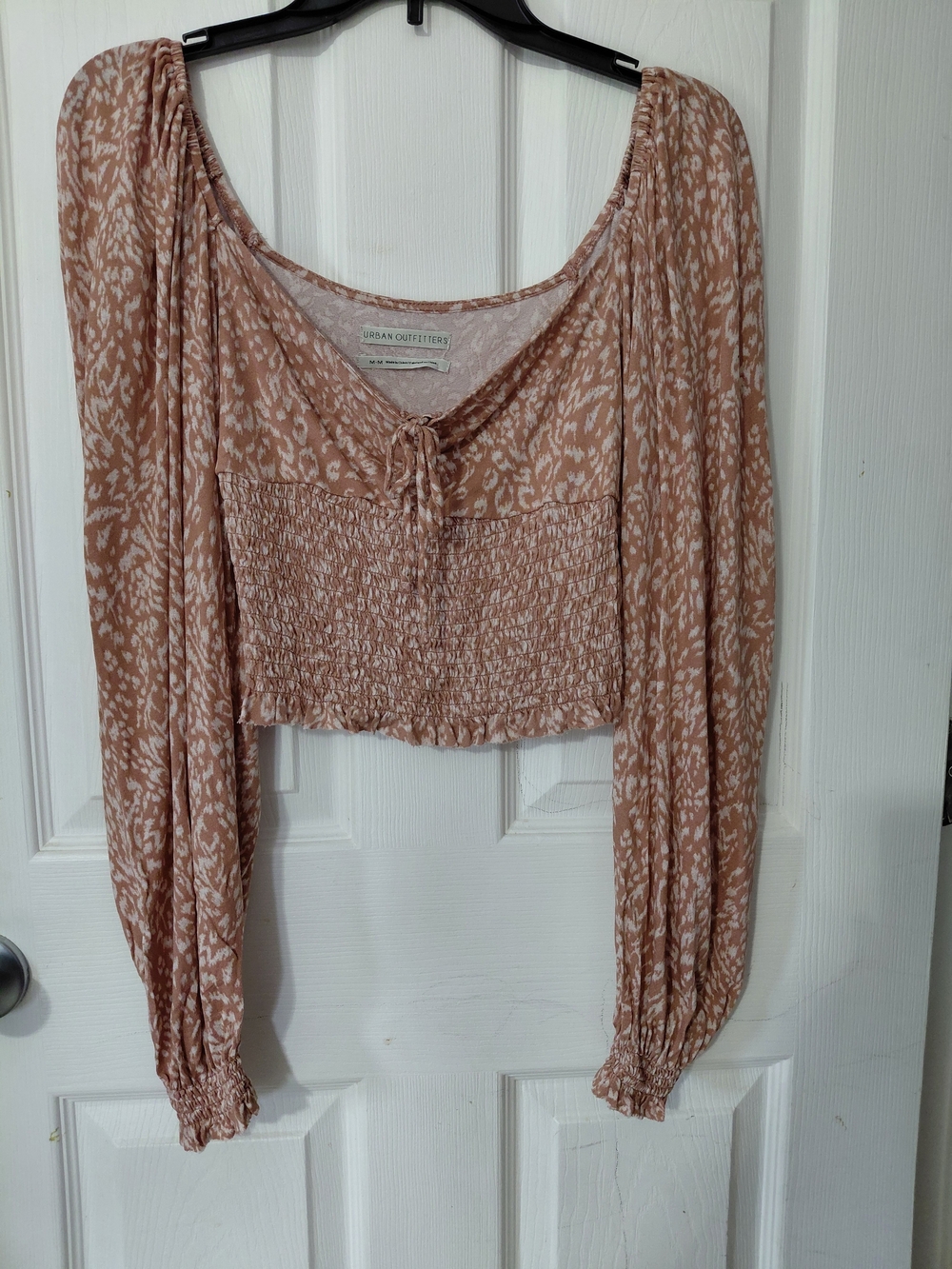 Urban Outfitters Blush-Tan Printed Smocked Crop Top